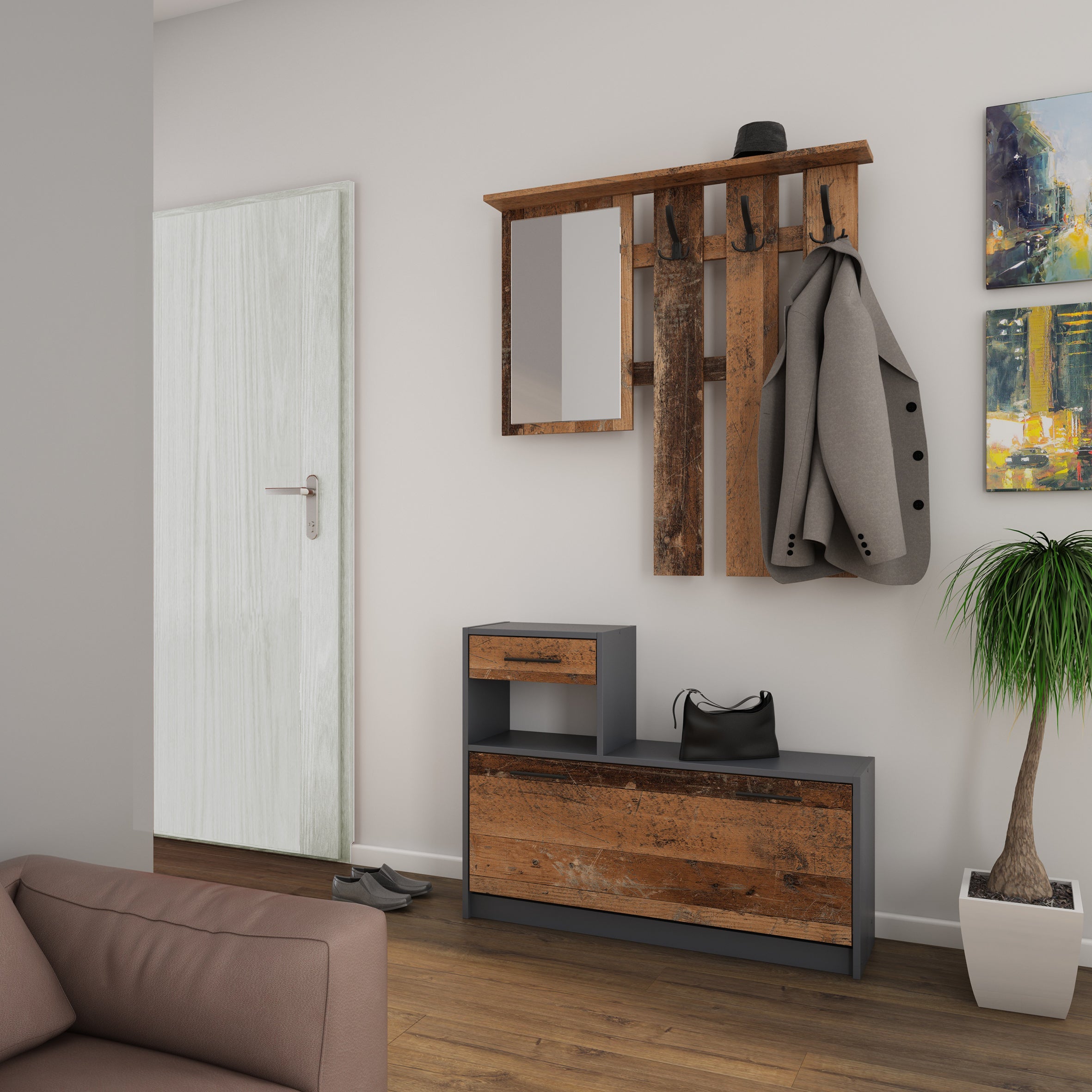 Garderoben-Set TAMINA / Kommode mit Schuhschrank + hängende Garderobe mit Spiegel / in Old Wood (Altholz-Optik), Artisan Eiche (Eiche-Optik) oder Light Atelier (Beton-Optik) / Flur-Schrank / Schränke / Regal / 100 x 190 x 25 cm (B x H x T)