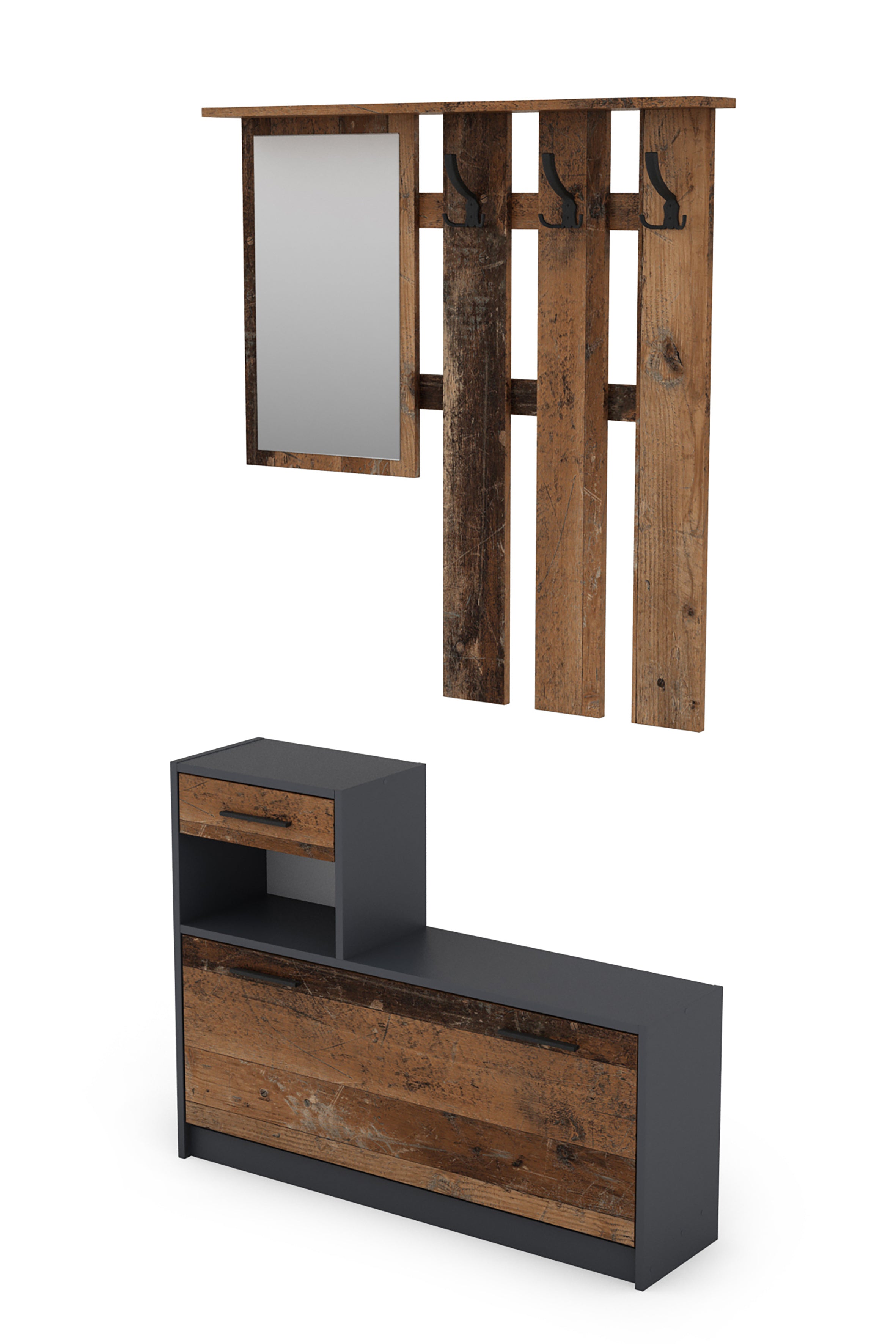 Garderoben-Set TAMINA / Kommode mit Schuhschrank + hängende Garderobe mit Spiegel / in Old Wood (Altholz-Optik), Artisan Eiche (Eiche-Optik) oder Light Atelier (Beton-Optik) / Flur-Schrank / Schränke / Regal / 100 x 190 x 25 cm (B x H x T)
