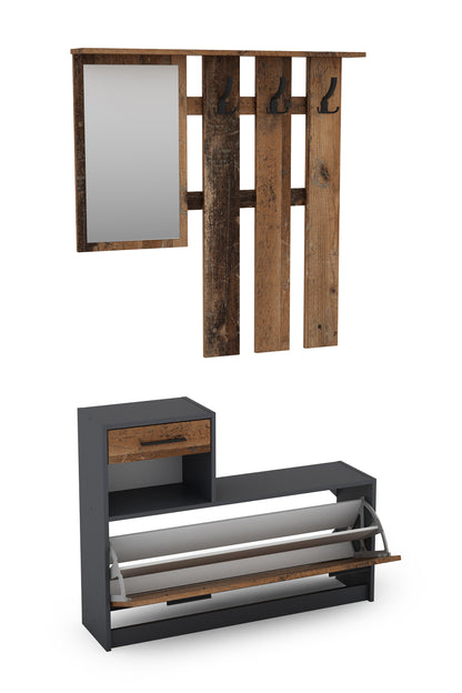 Garderoben-Set TAMINA / Kommode mit Schuhschrank + hängende Garderobe mit Spiegel / in Old Wood (Altholz-Optik), Artisan Eiche (Eiche-Optik) oder Light Atelier (Beton-Optik) / Flur-Schrank / Schränke / Regal / 100 x 190 x 25 cm (B x H x T)