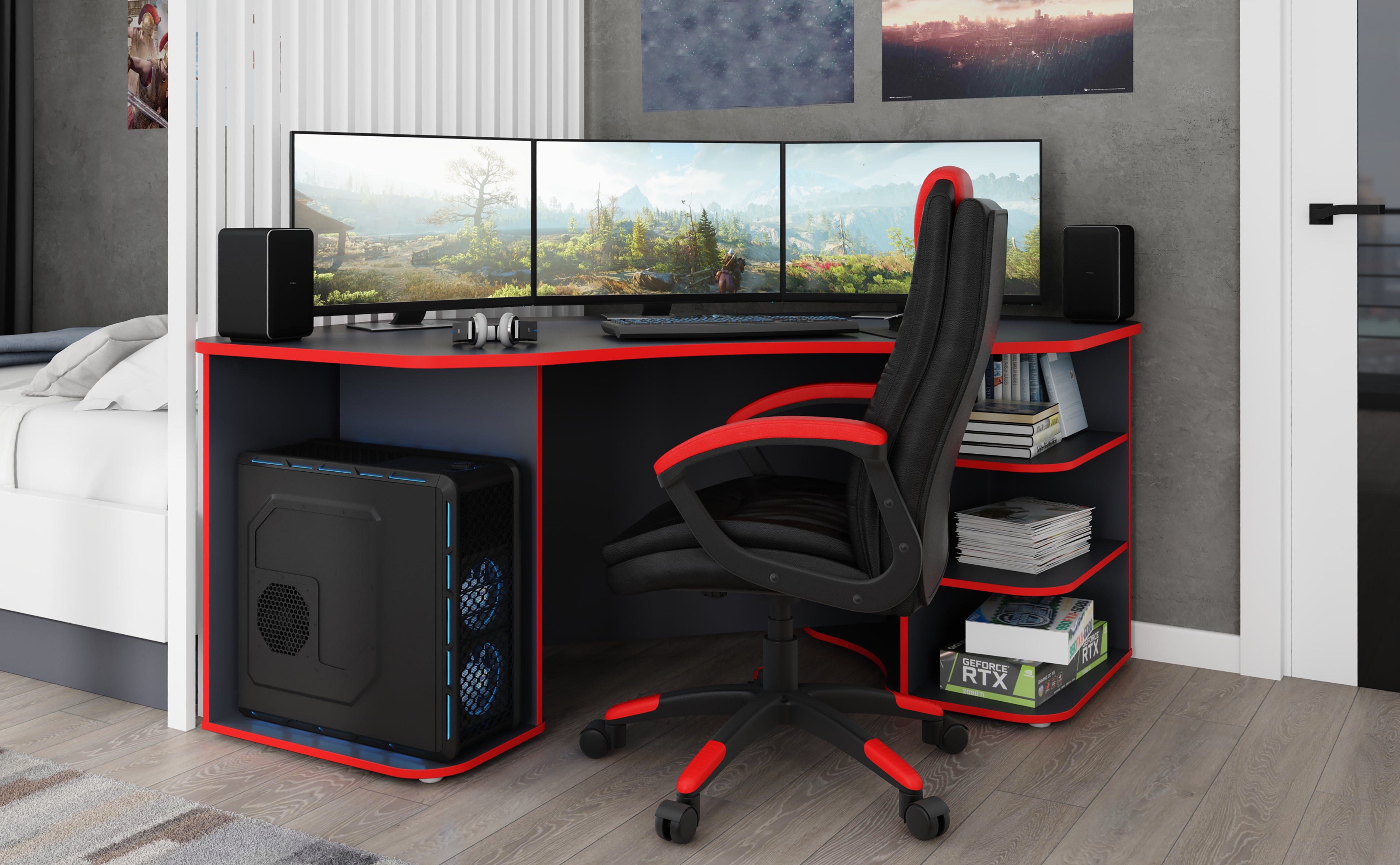 Schreibtisch THANATOS / Gaming-Tisch in anthrazit mit Kanten in rot, weiß oder anthrazit / Eck-Schreibtisch mit viel Stauraum und XXL Tischplatte / Computer-Tisch / PC / Arbeits-Tisch / 198x76x85cm (BxHxT)