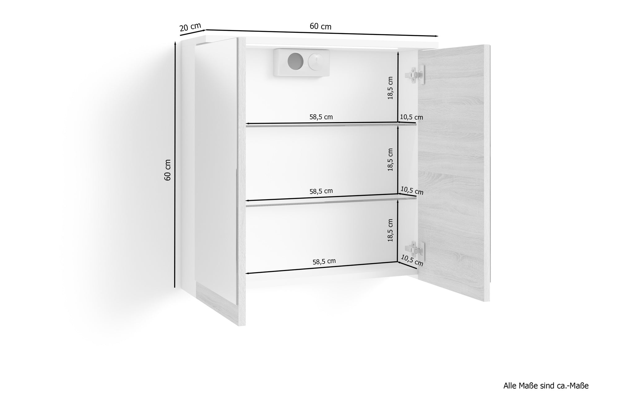 Badezimmer Spiegelschrank Marino mit LED-Beleuchtung und Steckdose / Moderner, 2-türiger Spiegel Hängeschrank in schnee-weiß matt und Absetzung Sonoma Eiche / Wandschrank mit Spiegeltüren / B 60, H 60, T 20 cm