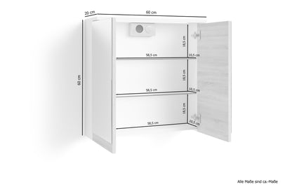 Badezimmer Spiegelschrank Marino mit LED-Beleuchtung und Steckdose / Moderner, 2-türiger Spiegel Hängeschrank in schnee-weiß matt und Absetzung Sonoma Eiche / Wandschrank mit Spiegeltüren / B 60, H 60, T 20 cm