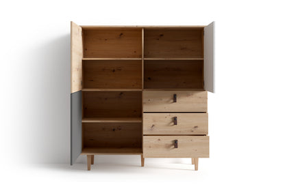 Highboard BILL / Wohnzimmerschrank Artisan Eiche Optik hellbraun / Schrank mit 3 Tür und 3 Schubkästen / Sideboard mit Fronten in weiß und grau / Schlaufen-Griffe / B 120, H 135, T 36,5 cm