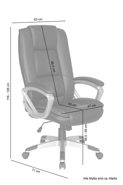 Chefsessel DEREK-XXL / Bezug Kunstleder schwarz/ Federkernpolsterung / Fußkreuz silber / Wippmechanik/ Sicherheitsklemmschutz/ gebremste Sicherheitsrollen, B 64, H 115,5-125, T 72,5