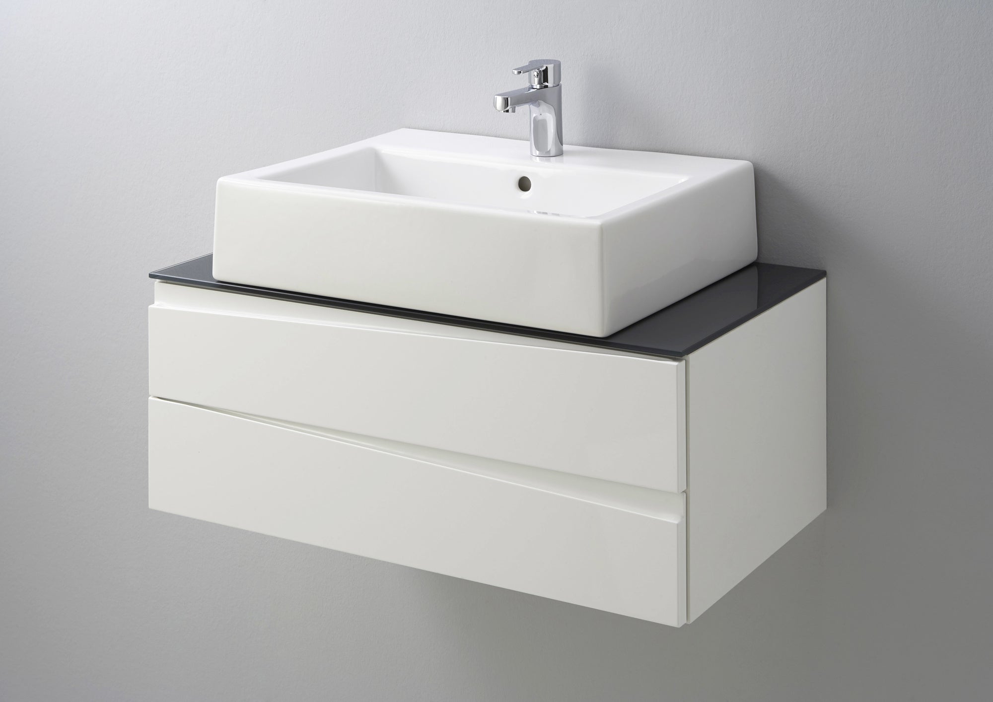Waschtisch SHAPE / Moderne Bad Kommode / in weiß, anthrazit oder Artisan Eiche (Eiche-Optik) / 2 Schubladen mit gefräster Griffleiste / Schrank / 80 x 33 x 46 cm (BxHxT)