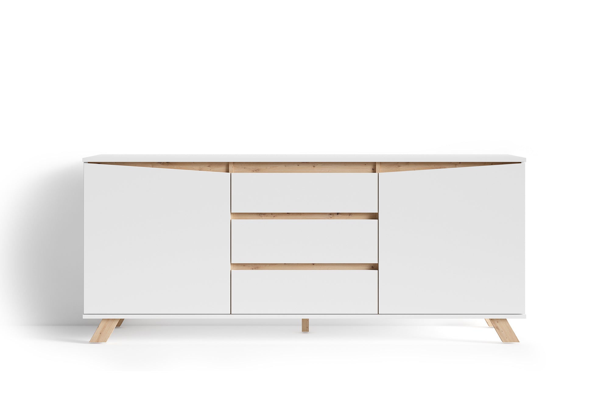 Sideboard VALENTIN / Kommode matt weiß oder anthrazit mit Absetzung in Eiche-Optik / Schrank mit 2 Türen und 3 Schubkästen / Im Scandi-Style / Grifflos / B 180, H 80, T 38 cm