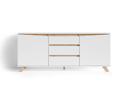 Sideboard VALENTIN / Kommode matt weiß oder anthrazit mit Absetzung in Eiche-Optik / Schrank mit 2 Türen und 3 Schubkästen / Im Scandi-Style / Grifflos / B 180, H 80, T 38 cm