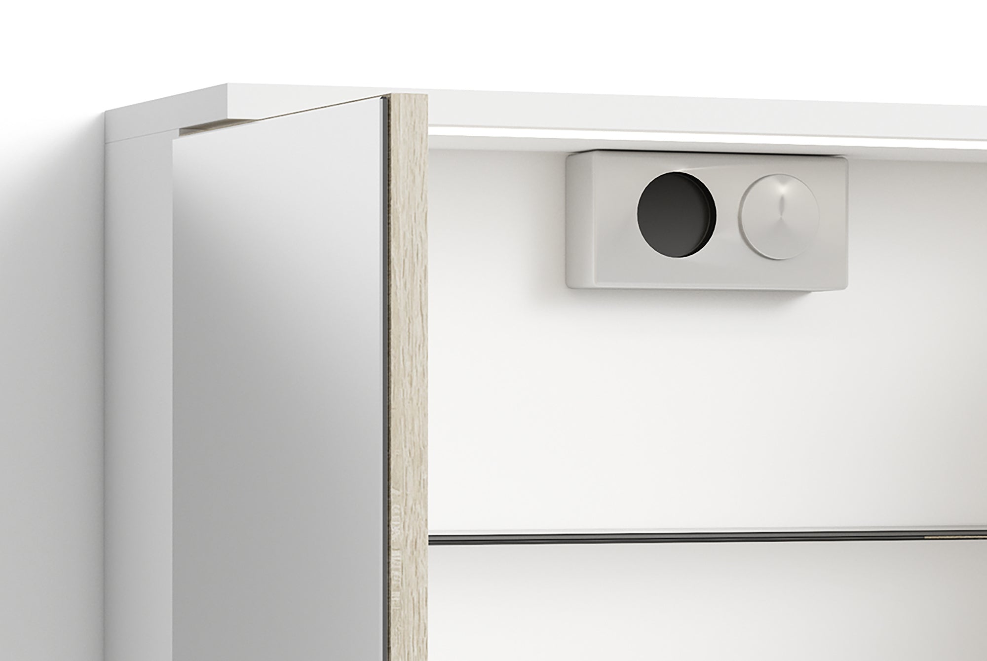 Badezimmer Spiegelschrank Marino mit LED-Beleuchtung und Steckdose / Moderner, 2-türiger Spiegel Hängeschrank in schnee-weiß matt und Absetzung Sonoma Eiche / Wandschrank mit Spiegeltüren / B 60, H 60, T 20 cm