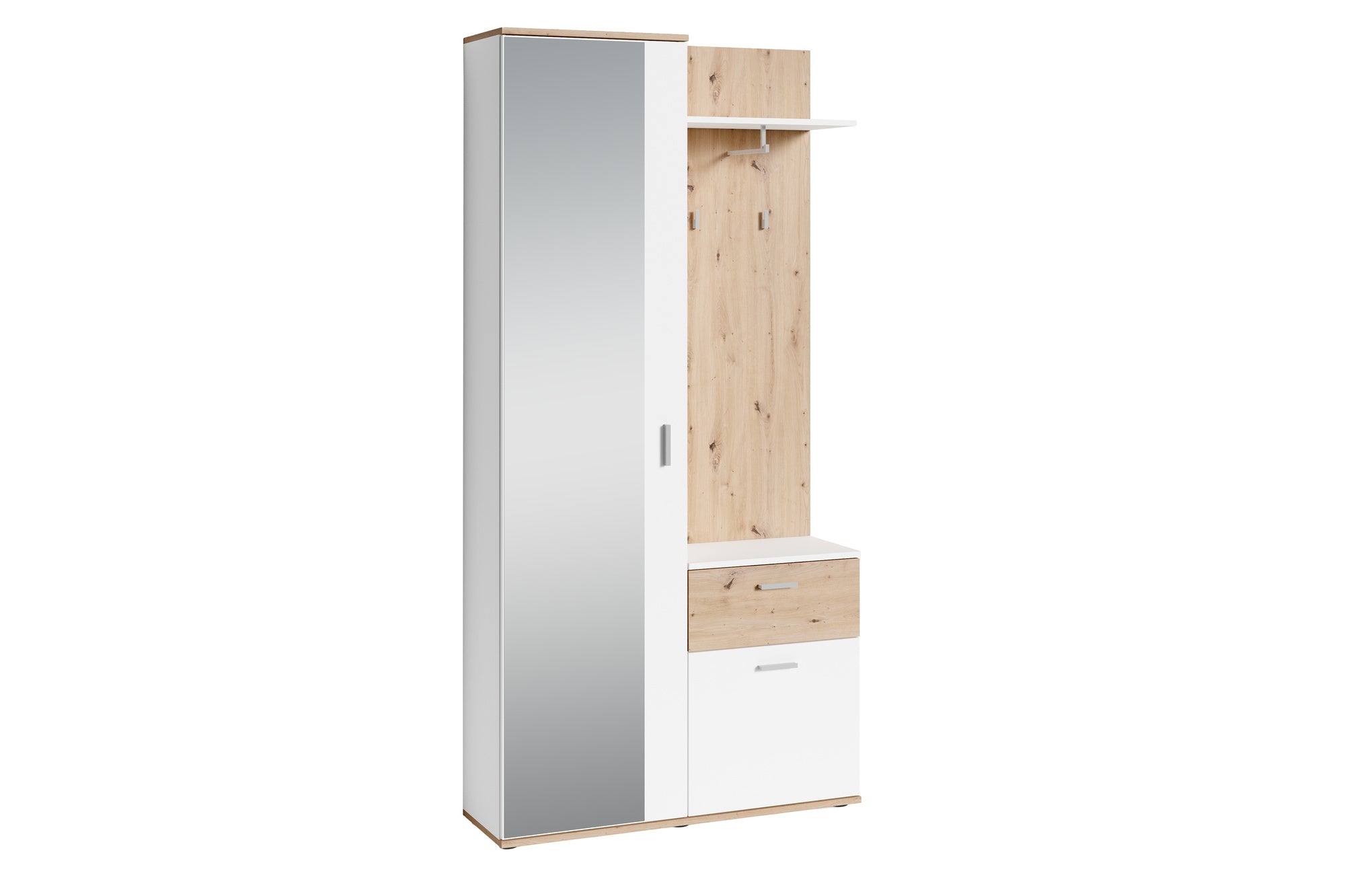 Kompakt-Garderobe JAKOB / in Old Wood (Altholz-Optik), Artisan Eiche (Eiche-Optik) oder weiß / Garderobe mit großer Spiegeltür / Fest montiertes Set / Kommode / Schuh-Schrank / B 97, H 195, T 30 cm