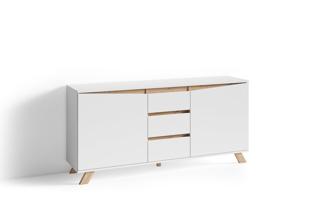 Sideboard VALENTIN / Kommode matt weiß oder anthrazit mit Absetzung in Eiche-Optik / Schrank mit 2 Türen und 3 Schubkästen / Im Scandi-Style / Grifflos / B 160, H 80, T 38 cm