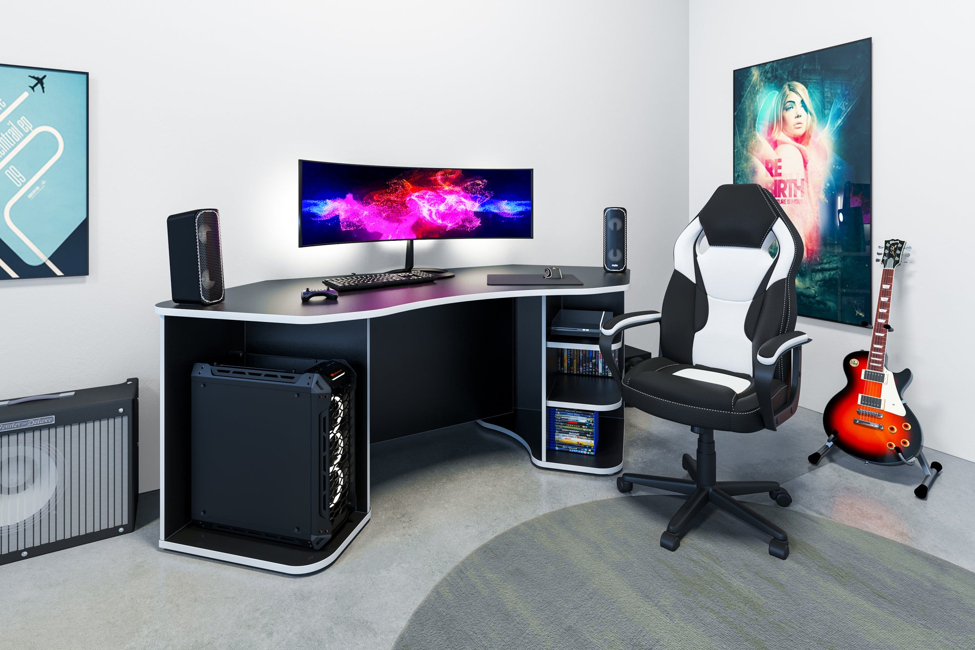 Schreibtisch THANATOS / Gaming-Tisch in anthrazit mit Kanten in rot, weiß oder anthrazit / Eck-Schreibtisch mit viel Stauraum und XXL Tischplatte / Computer-Tisch / PC / Arbeits-Tisch / 198x76x85cm (BxHxT)