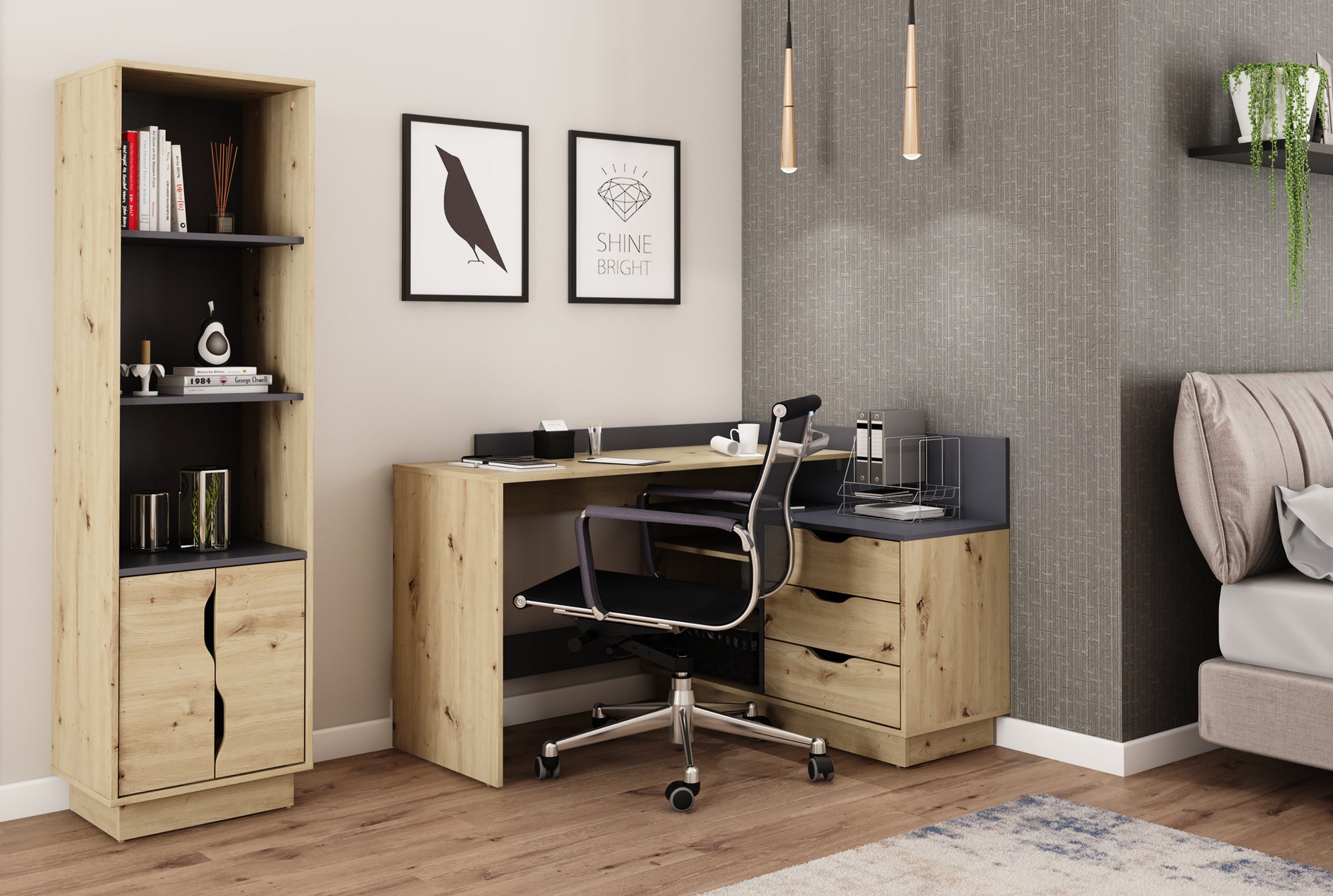 Winkelschreibtisch BELFAST / Rechts oder Links montierbar / 3 Schubkästen / Anthrazit, Weiß-Anthrazit, Artisan Eiche (Eiche-Optik) oder Old Wood (Altholz-Optik) /Bürotisch / Eckschreibtisch / Schreibtisch / B 129, H 83,5, T 105 cm