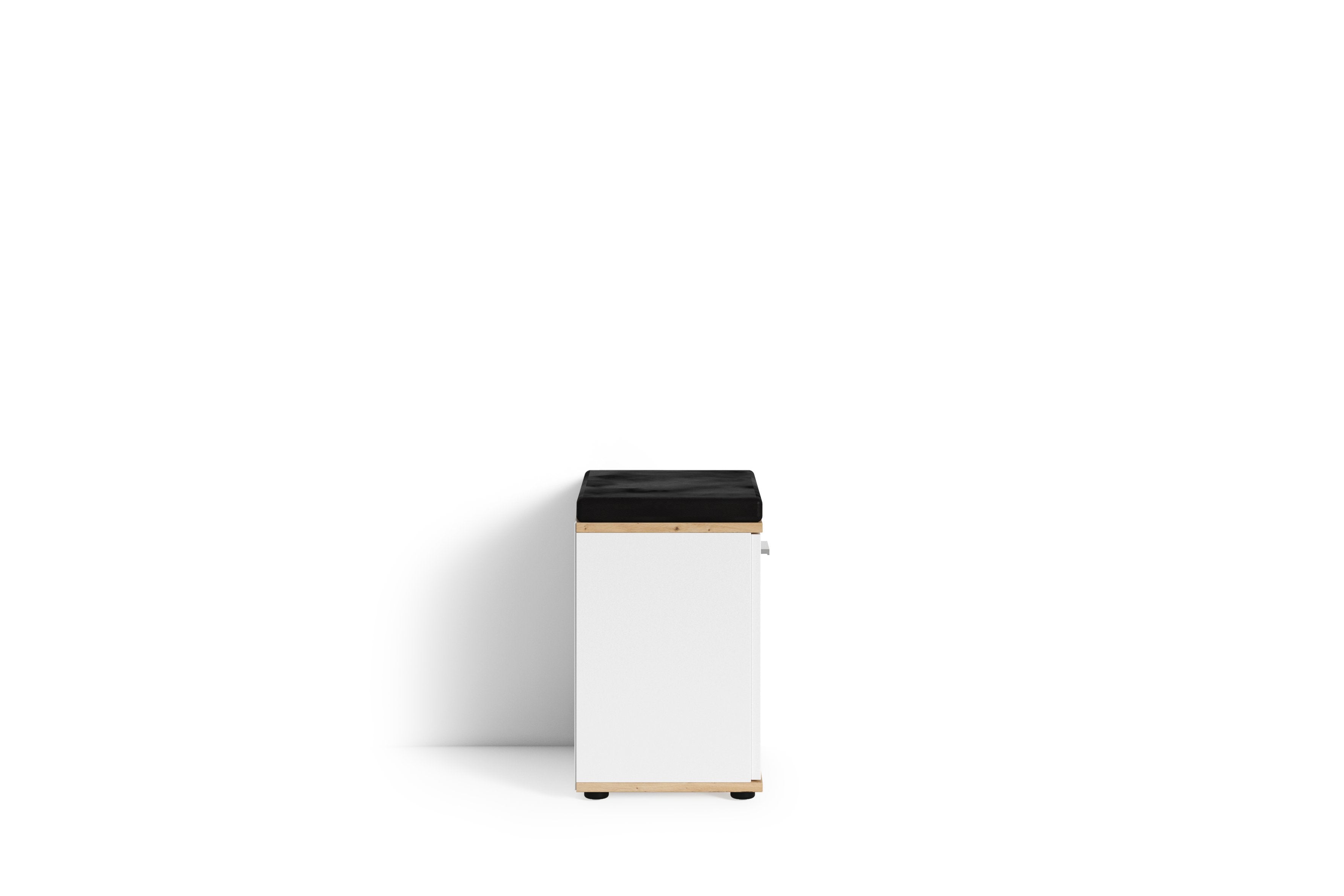 Sitzbank JAKOB / Hocker in Artisan Eiche (Eiche-Optik), schwarz oder Old Wood (Altholz-Optik) mit schwarzem Kunstleder Sitzkissen / Schuhschrank mit Tür / zwei Fächer / Garderoben-Kommode / Schuh-Bank / B 48,5 H 49, T 30 cm
