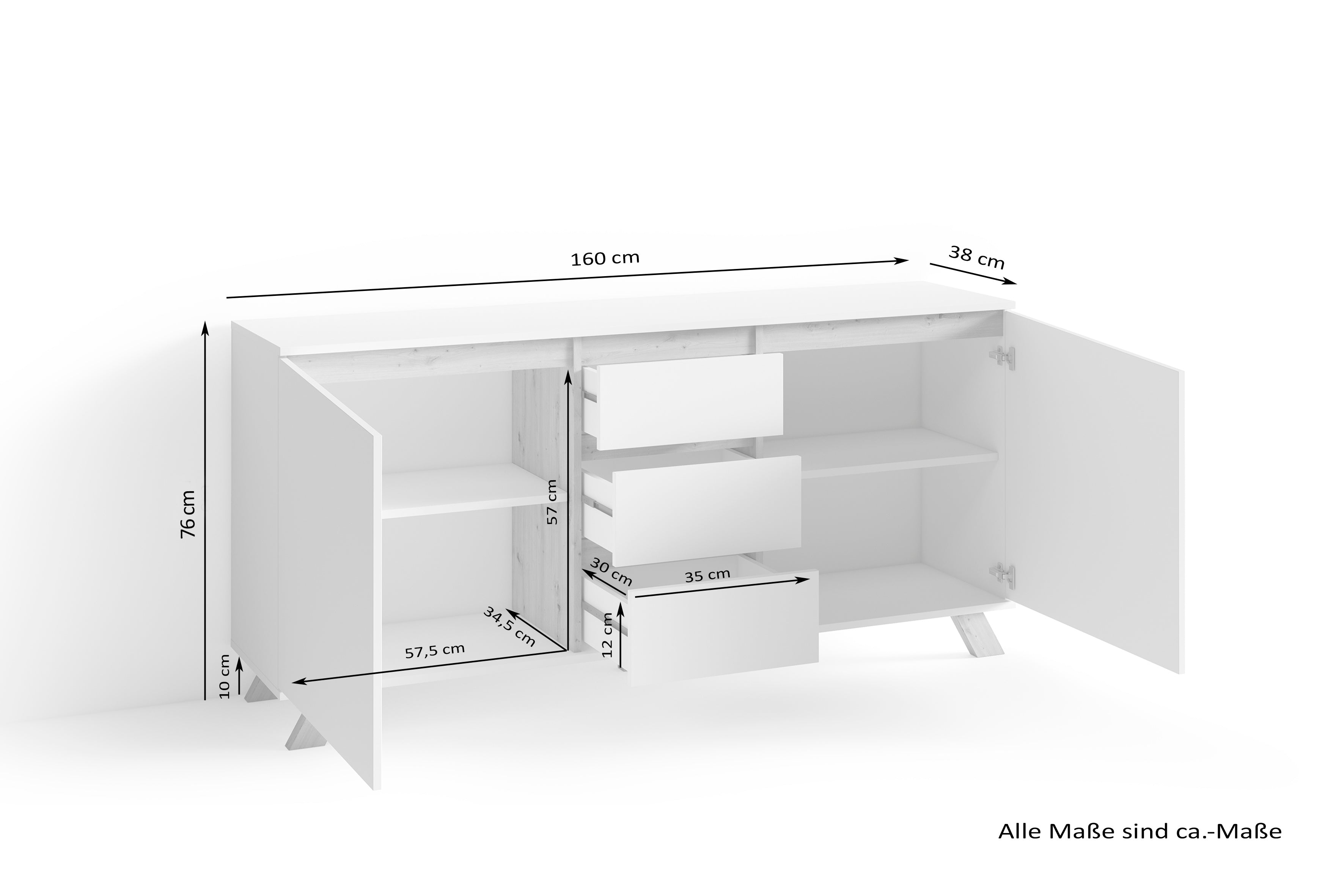 Sideboard VALENTIN / Kommode matt weiß oder anthrazit mit Absetzung in Eiche-Optik / Schrank mit 2 Türen und 3 Schubkästen / Im Scandi-Style / Grifflos / B 160, H 80, T 38 cm