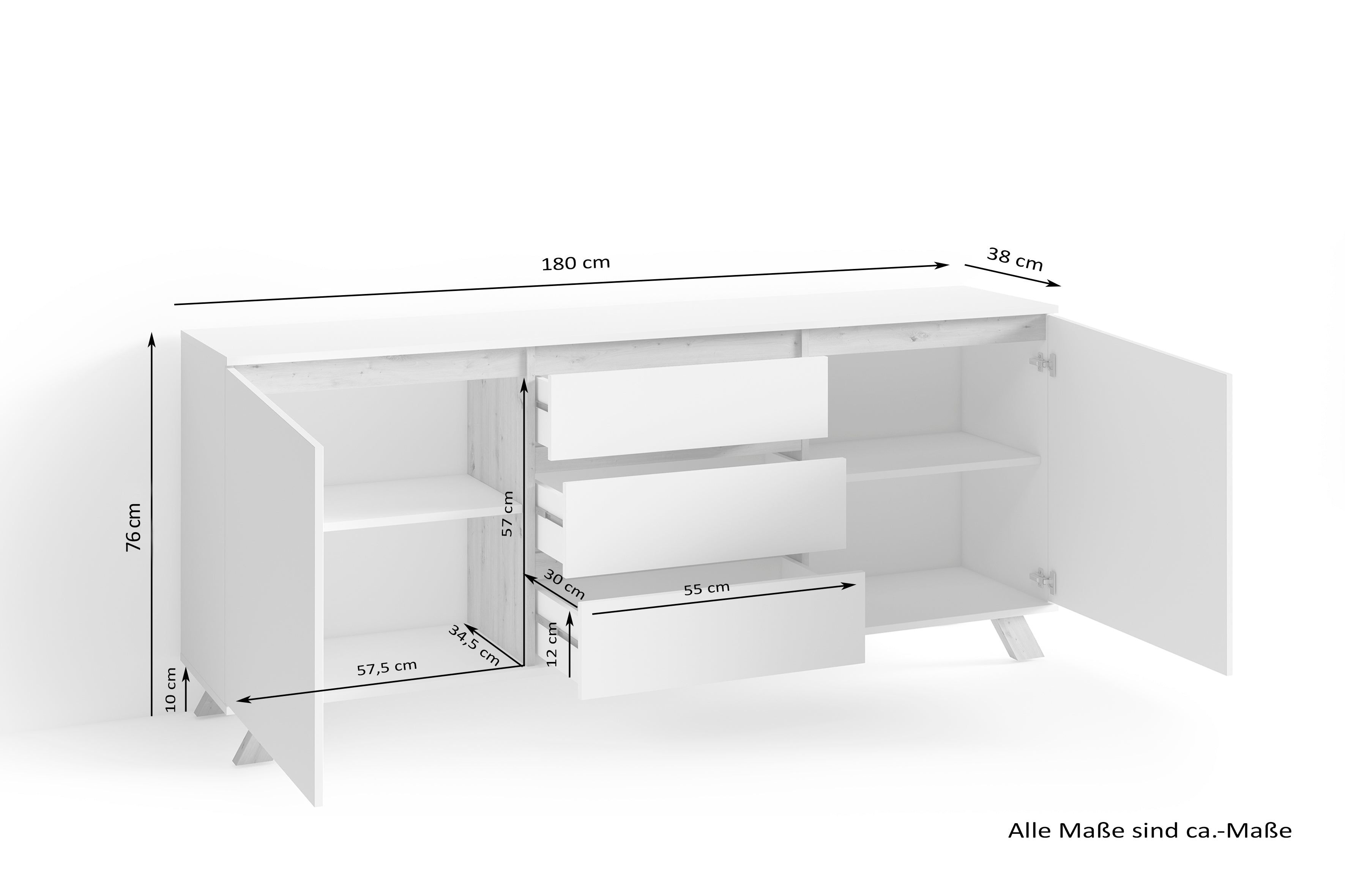 Sideboard VALENTIN / Kommode matt weiß oder anthrazit mit Absetzung in Eiche-Optik / Schrank mit 2 Türen und 3 Schubkästen / Im Scandi-Style / Grifflos / B 180, H 80, T 38 cm