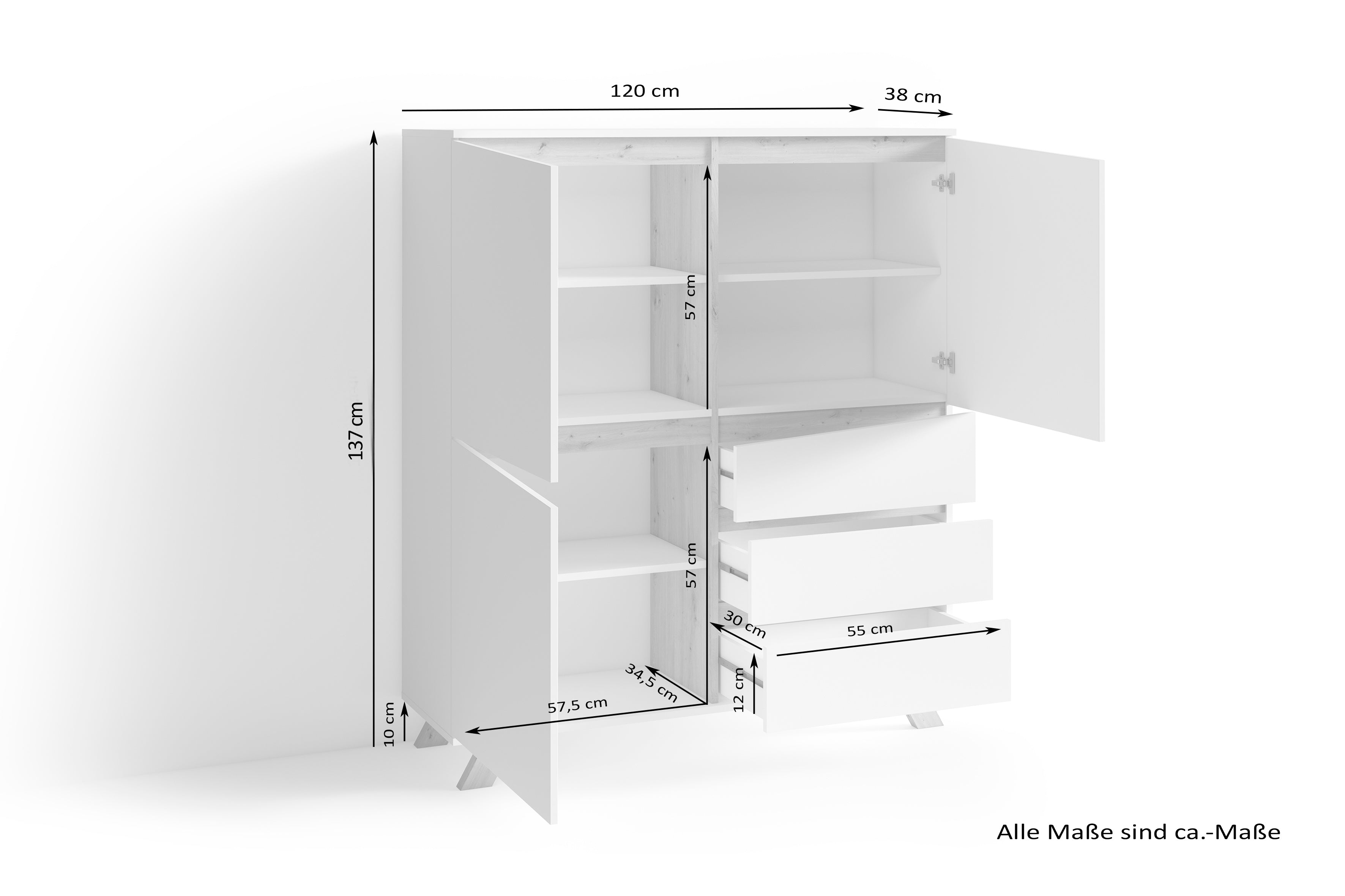 Highboard VALENTIN / Sideboard matt weiß oder anthrazit mit Absetzung in Eiche-Optik / Wohnzimmer-Schrank mit 3 Türen und 3 Schubkästen / Im Scandi-Style / Grifflos / B 120, H 137, T 38 cm