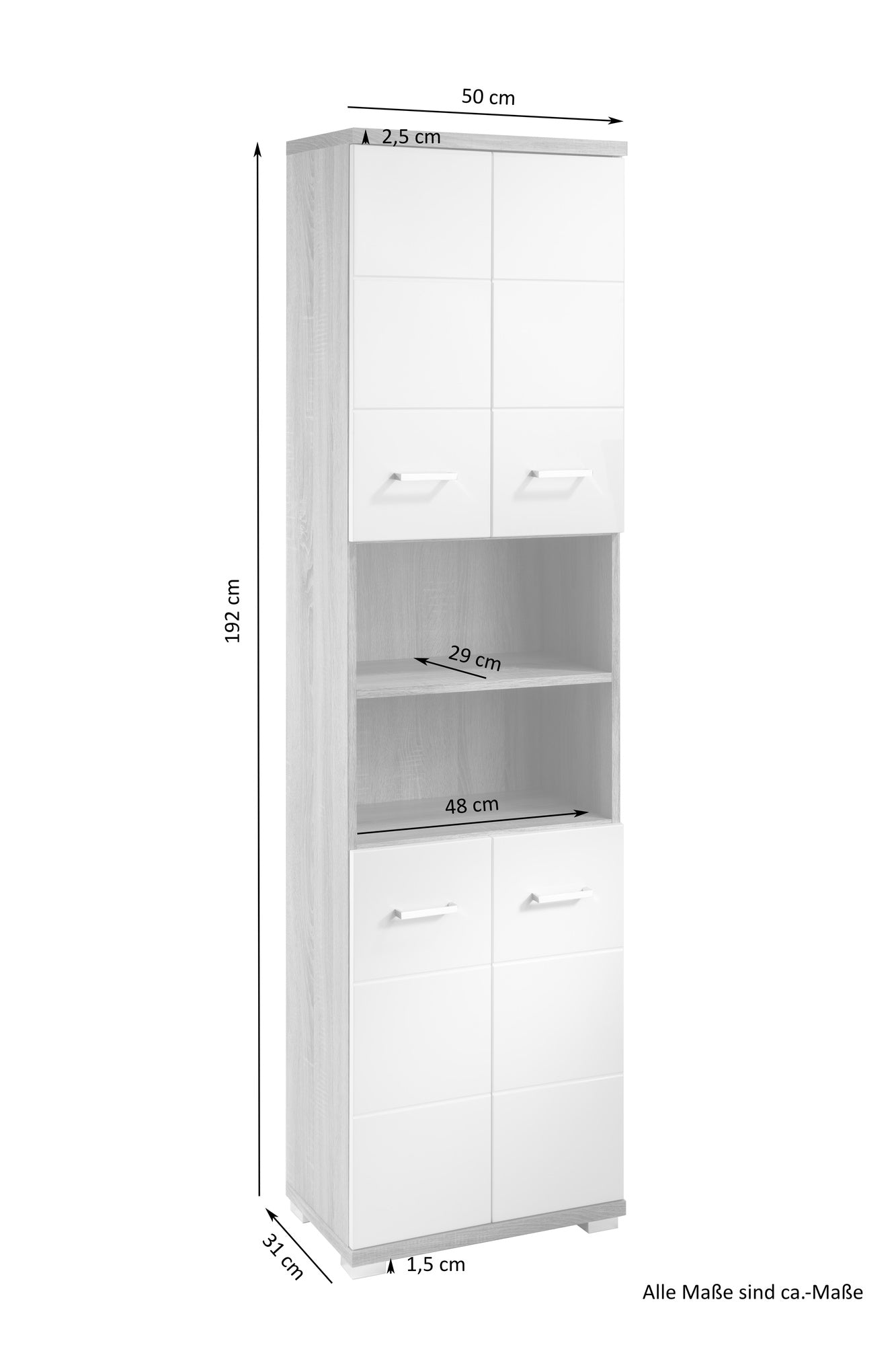 Badezimmer-Hochschrank NEBRASKA / in anthrazit, Sonoma Eiche (Eiche-Optik) oder weiß / B 50, H 192, T 31,5 cm / 4 Türen mit offenen Elementen &amp; viel Stauraum