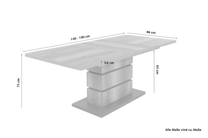Auszugs-Tisch BEA / Esstisch ausziehbar in Eiche-Optik hell-braun / Esszimmer-Tisch mit Applikationen und Bodenplatte anthrazit / Küchen-Tisch mit Standfuß / 140-190 x 86, H 75 cm