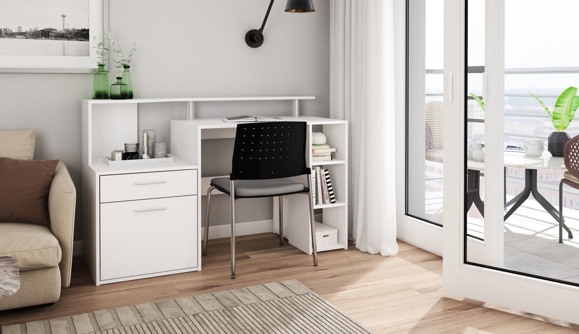 Schreibtisch LOUIS / Inkl. 1 Tür + 1 Schubkasten + 3 offenen Fächern / Weiß / Computertisch / XXL-Tisch / Arbeitstisch / Holztisch / Bürotisch / 140 x 89 x 55 cm (BxHxT)