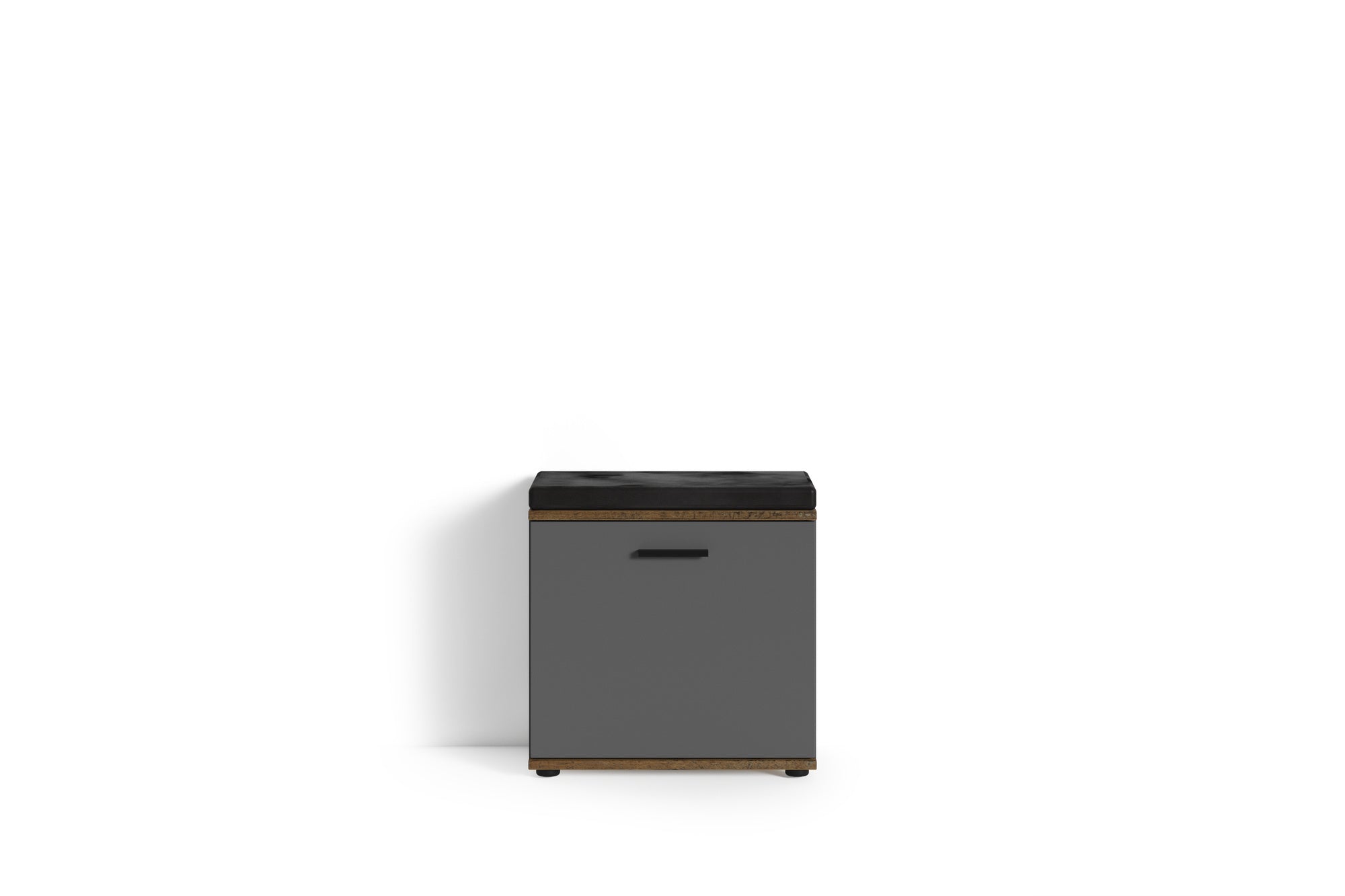 Sitzbank JAKOB / Hocker in Artisan Eiche (Eiche-Optik), schwarz oder Old Wood (Altholz-Optik) mit schwarzem Kunstleder Sitzkissen / Schuhschrank mit Tür / zwei Fächer / Garderoben-Kommode / Schuh-Bank / B 48,5 H 49, T 30 cm