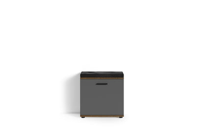 Sitzbank JAKOB / Hocker in Artisan Eiche (Eiche-Optik), schwarz oder Old Wood (Altholz-Optik) mit schwarzem Kunstleder Sitzkissen / Schuhschrank mit Tür / zwei Fächer / Garderoben-Kommode / Schuh-Bank / B 48,5 H 49, T 30 cm