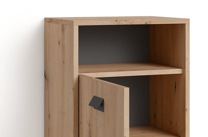 Badezimmer Seitenschrank WELLNESS in Artisan Eiche, Griff aus Metall in schwarz / Badschrank mit einem offenen Fach und einer Tür / B 42, H 77,5, T 31 cm