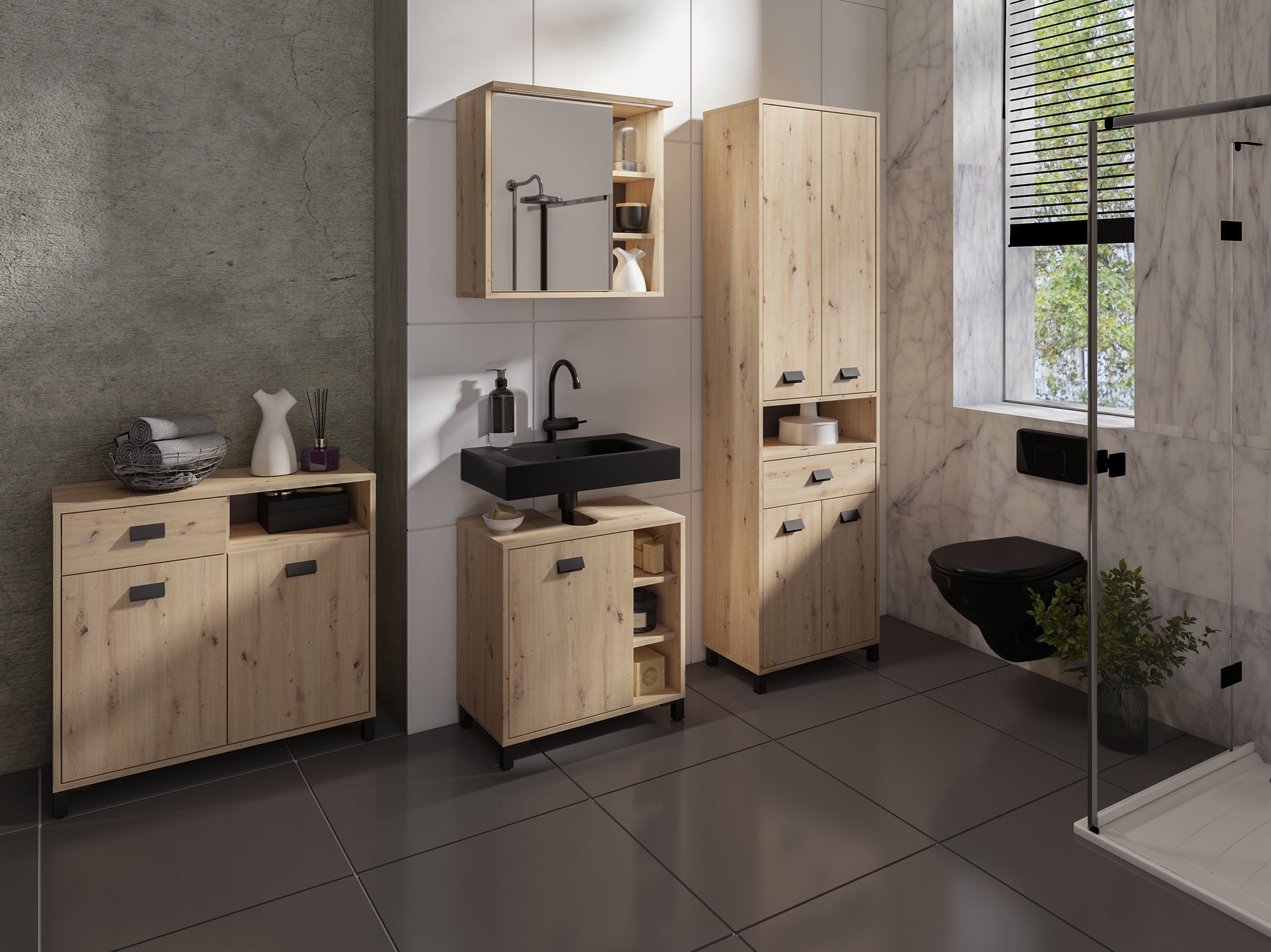 Badezimmer Kommode WELLNESS in Artisan Eiche, Griffe aus Metall in schwarz / Badschrank mit einer Schublade und zwei Türen / B 80,5, H 77,5, T 31 cm