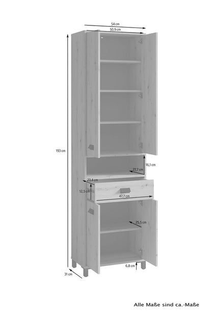 Badezimmer-Hochschrank WELLNESS in Artisan Eiche, Griffe aus Metall in schwarz / Badezimmerschrank 4 Türen mit offenen Elementen &amp; viel Stauraum / B 54, H 193, T 31 cm