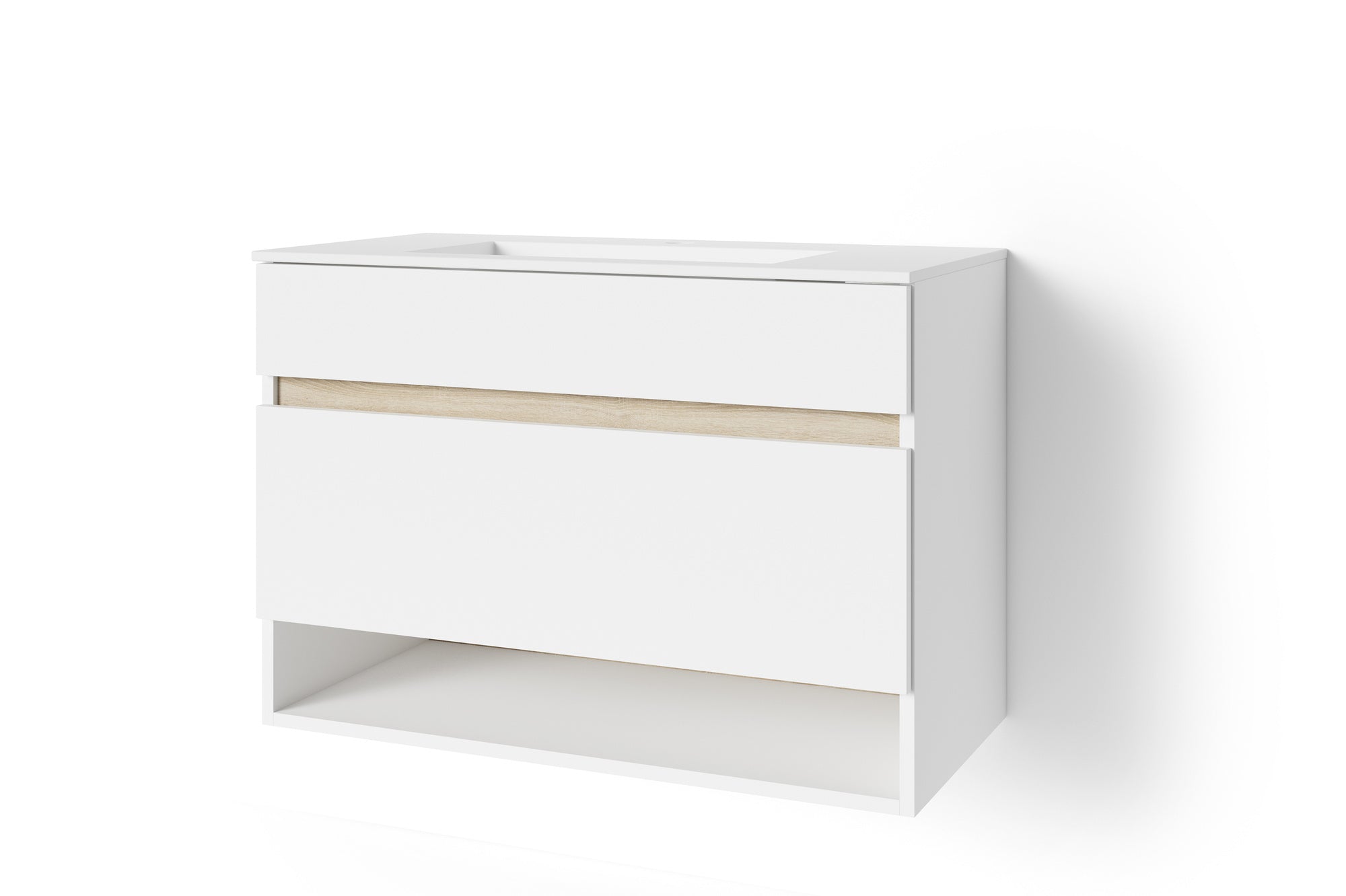 Waschtisch Marino / Waschbecken-unterschrank hängend, in schnee-weiß matt mit Absetzung in Sonoma Eiche / mit einer Schublade und einem offenen Fach / B 80, H 56, T 40 cm