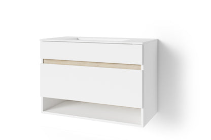 Waschtisch Marino / Waschbecken-unterschrank hängend, in schnee-weiß matt mit Absetzung in Sonoma Eiche / mit einer Schublade und einem offenen Fach / B 80, H 56, T 40 cm