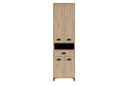 Badezimmer-Hochschrank WELLNESS in Artisan Eiche, Griffe aus Metall in schwarz / Badezimmerschrank 4 Türen mit offenen Elementen &amp; viel Stauraum / B 54, H 193, T 31 cm