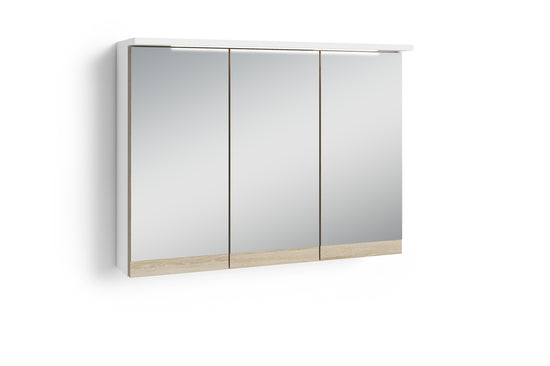 Badezimmer Spiegelschrank Marino mit LED-Beleuchtung und Steckdose / Moderner, 3-türiger Spiegel Hängeschrank in schnee-weiß matt und Absetzung Sonoma Eiche / Wandschrank mit Spiegeltüren / B 80, H 60, T 20 cm