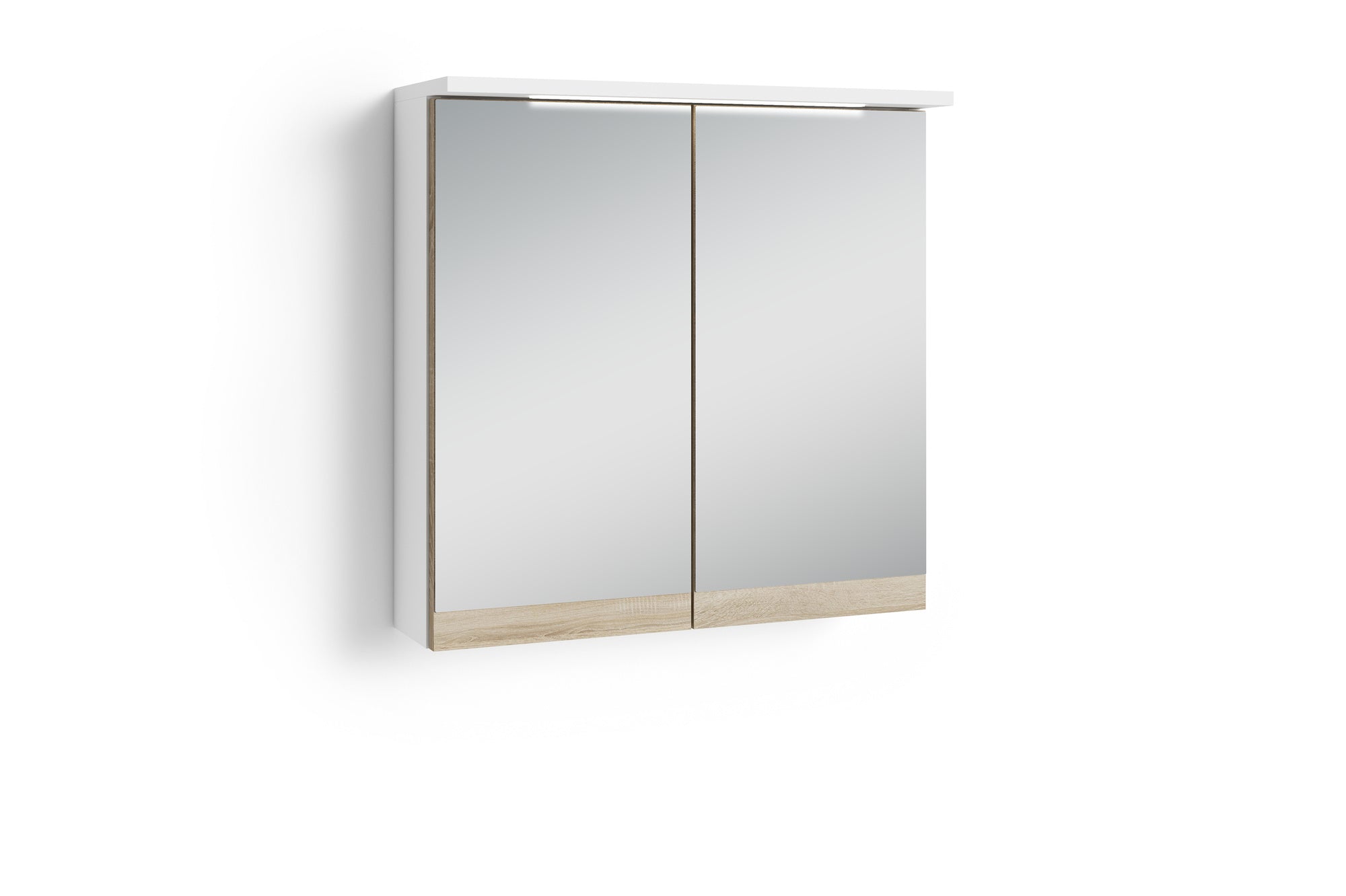 Badezimmer Spiegelschrank Marino mit LED-Beleuchtung und Steckdose / Moderner, 2-türiger Spiegel Hängeschrank in schnee-weiß matt und Absetzung Sonoma Eiche / Wandschrank mit Spiegeltüren / B 60, H 60, T 20 cm