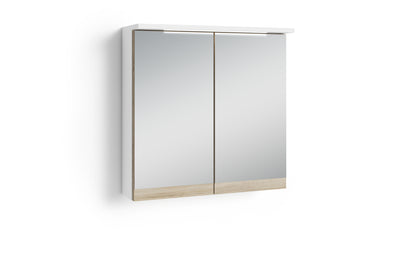 Badezimmer Spiegelschrank Marino mit LED-Beleuchtung und Steckdose / Moderner, 2-türiger Spiegel Hängeschrank in schnee-weiß matt und Absetzung Sonoma Eiche / Wandschrank mit Spiegeltüren / B 60, H 60, T 20 cm