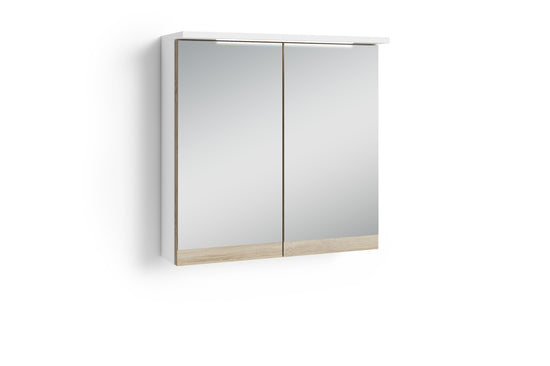 Badezimmer Spiegelschrank Marino mit LED-Beleuchtung und Steckdose / Moderner, 2-türiger Spiegel Hängeschrank in schnee-weiß matt und Absetzung Sonoma Eiche / Wandschrank mit Spiegeltüren / B 60, H 60, T 20 cm
