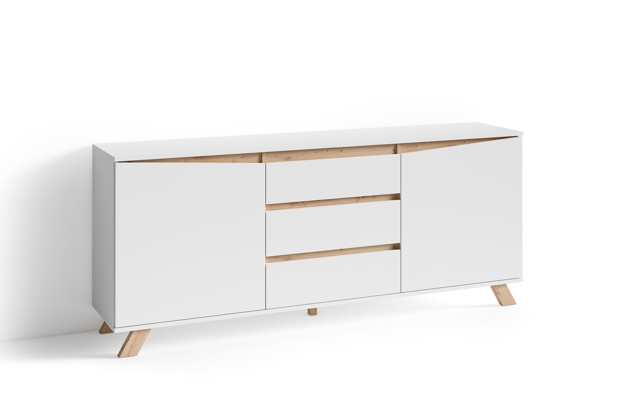 Sideboard VALENTIN / Kommode matt weiß oder anthrazit mit Absetzung in Eiche-Optik / Schrank mit 2 Türen und 3 Schubkästen / Im Scandi-Style / Grifflos / B 180, H 80, T 38 cm