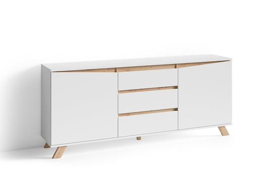 Sideboard VALENTIN / Kommode matt weiß oder anthrazit mit Absetzung in Eiche-Optik / Schrank mit 2 Türen und 3 Schubkästen / Im Scandi-Style / Grifflos / B 180, H 80, T 38 cm