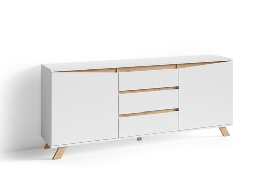 VALENTIN Sideboard / Kommode matt weiß oder anthrazit mit Absetzung in Eiche-Optik / Schrank mit 2 Türen und 3 Schubkästen / Im Scandi-Style / Grifflos / B 180, H 80, T 38 cm