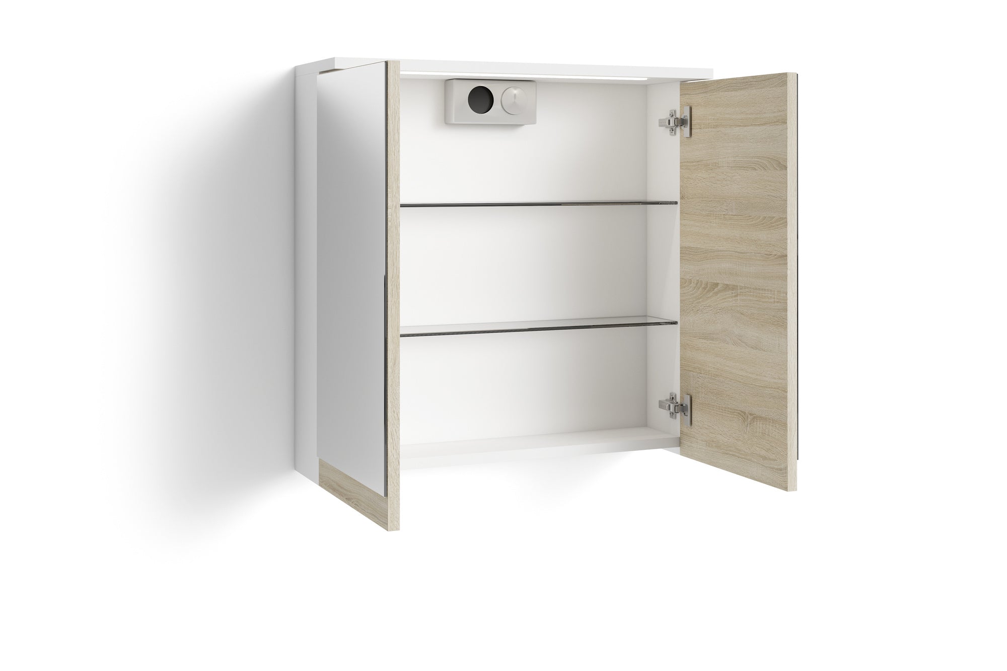 Badezimmer Spiegelschrank Marino mit LED-Beleuchtung und Steckdose / Moderner, 2-türiger Spiegel Hängeschrank in schnee-weiß matt und Absetzung Sonoma Eiche / Wandschrank mit Spiegeltüren / B 60, H 60, T 20 cm