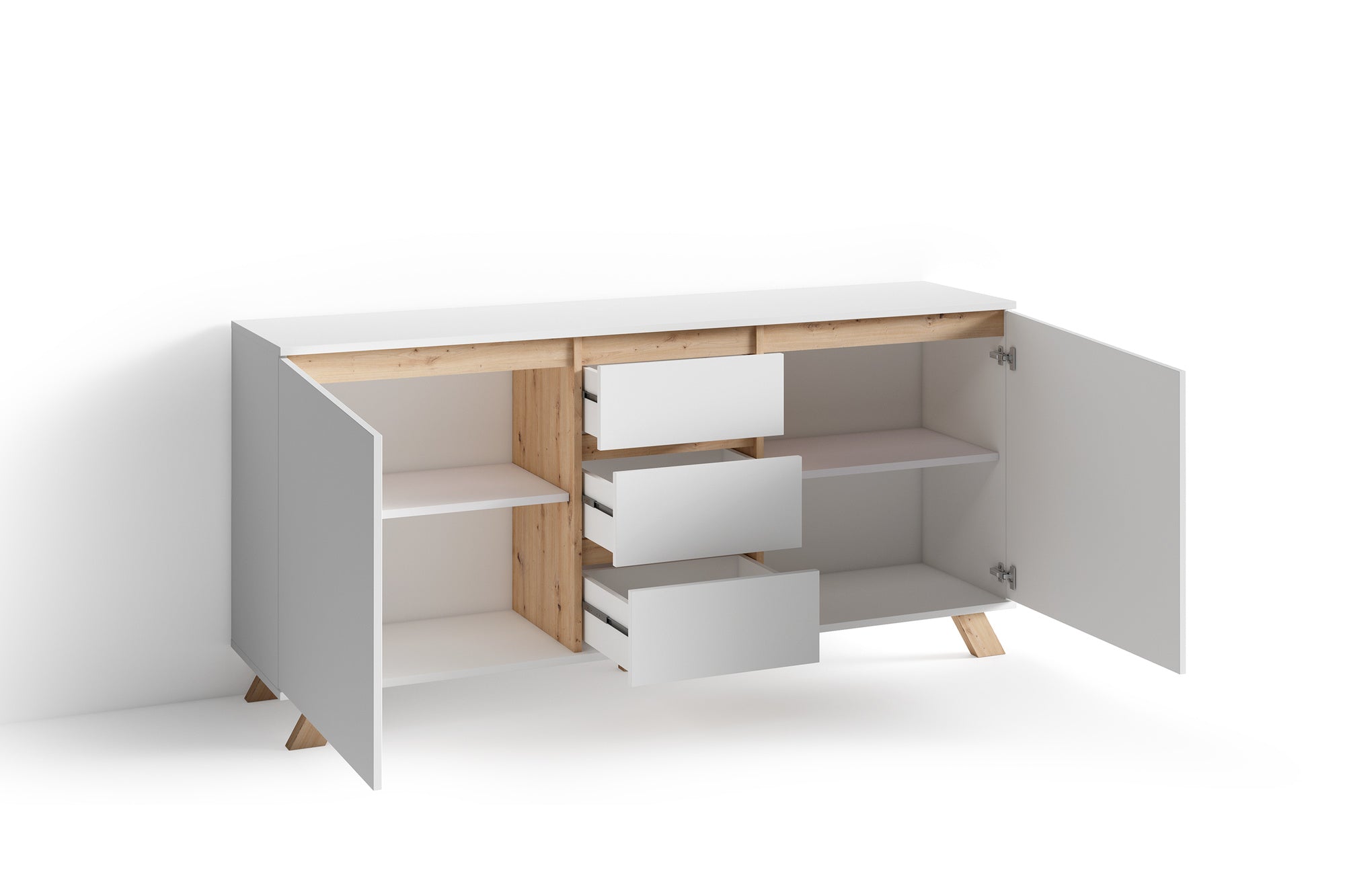 Sideboard VALENTIN / Kommode matt weiß oder anthrazit mit Absetzung in Eiche-Optik / Schrank mit 2 Türen und 3 Schubkästen / Im Scandi-Style / Grifflos / B 160, H 80, T 38 cm