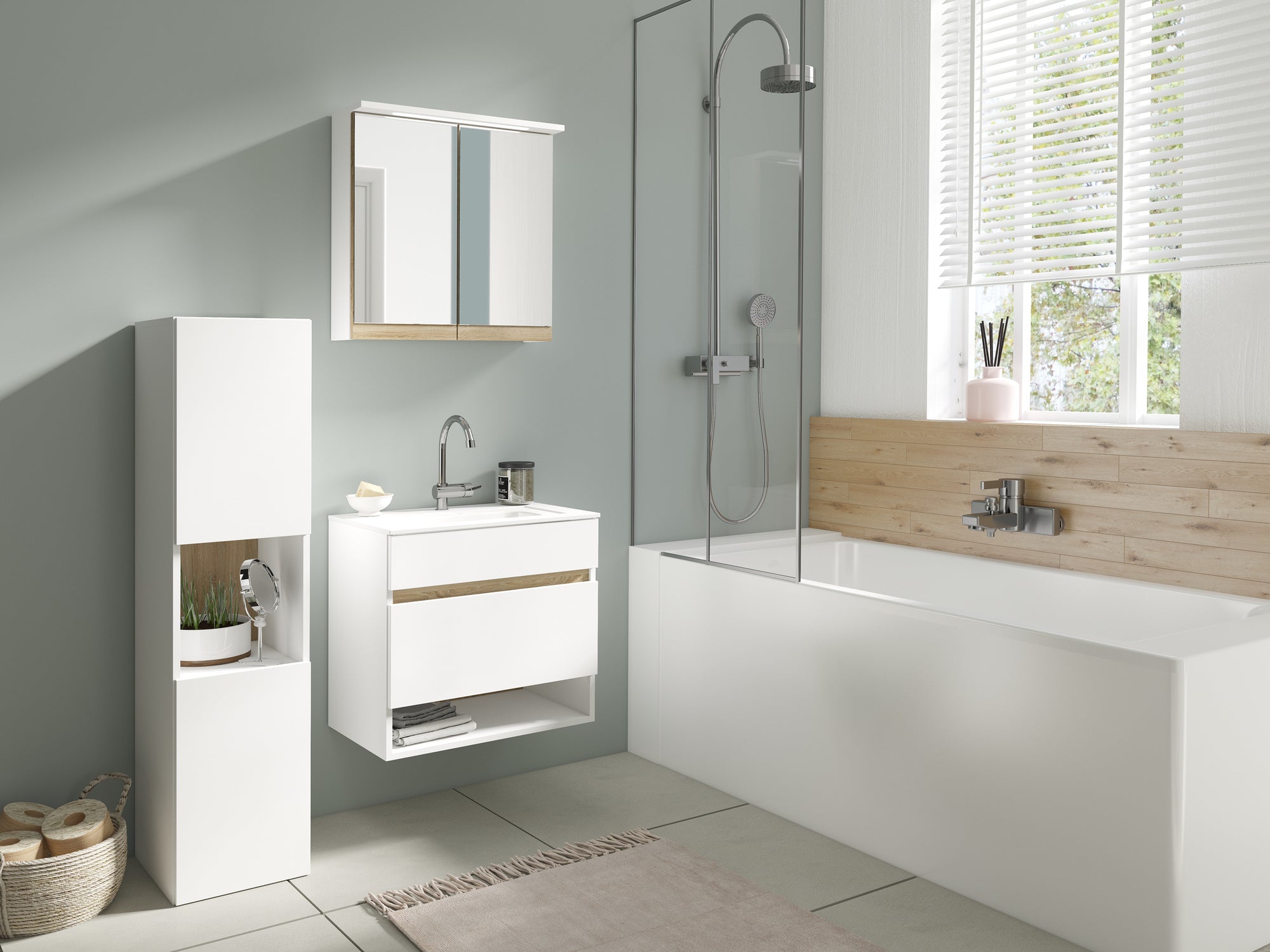 Badezimmer Spiegelschrank Marino mit LED-Beleuchtung und Steckdose / Moderner, 2-türiger Spiegel Hängeschrank in schnee-weiß matt und Absetzung Sonoma Eiche / Wandschrank mit Spiegeltüren / B 60, H 60, T 20 cm