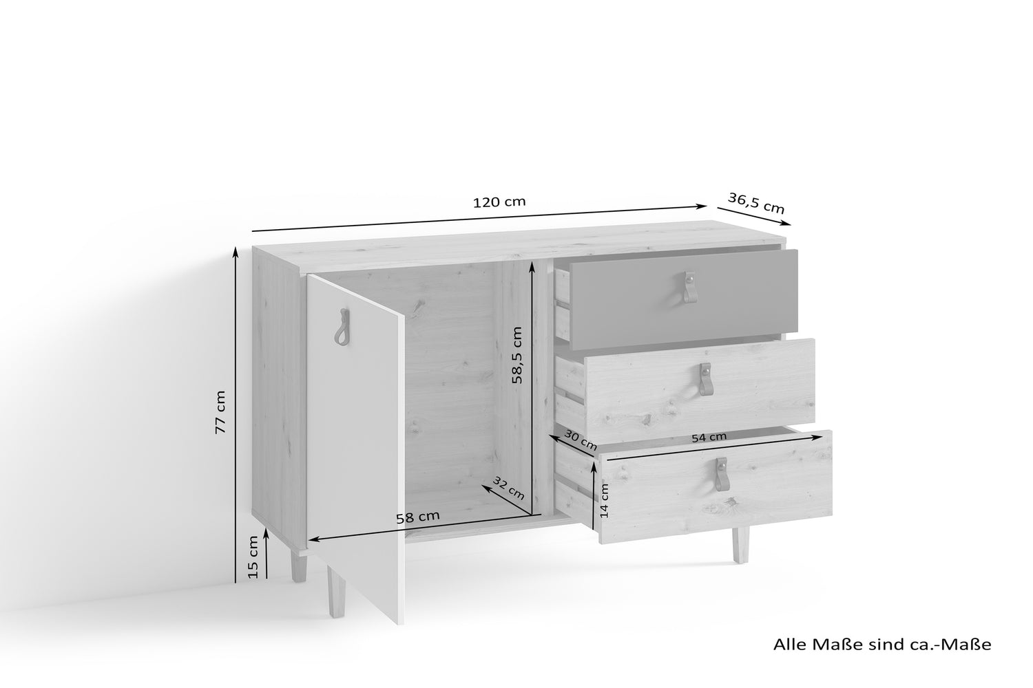 Sideboard, weiß/anthrazi Fronten in – Eiche-Optik, cm 120 in byLIVING Breite BILL