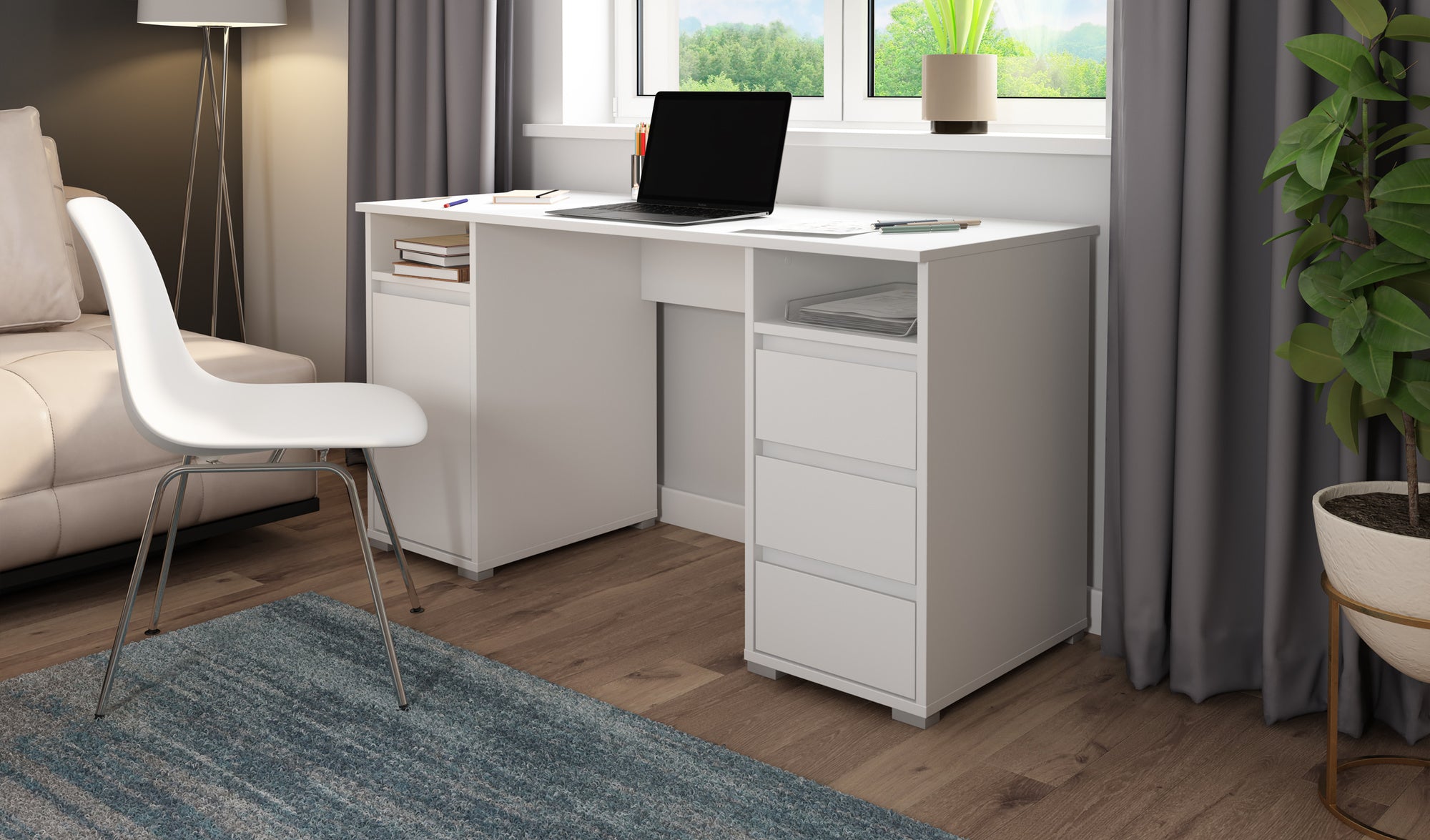 Schreibtisch LOBO / Arbeits-Tisch in weiß, Artisan Eiche (Eiche-Optik) oder Old Wood (Altholz-Optik) / Computer-Tisch mit 3 Schubladen, 1 Tür und 2 offenen Fächern / Große Arbeits-Fläche 138 x 55cm / Bürotisch / 138x75x55 cm (BxHxT)