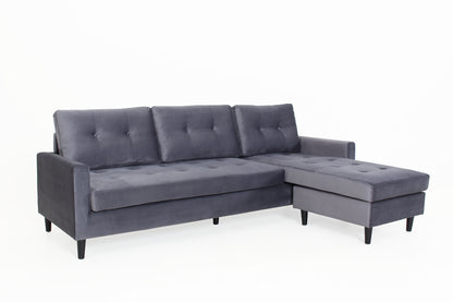 Ecksofa ATLANTA / Samt dunkelgrau / Beine schwarz aus Massivholz / Longchair wahlweise rechts oder links montierbar / 218 x 144, H 78,5 cm