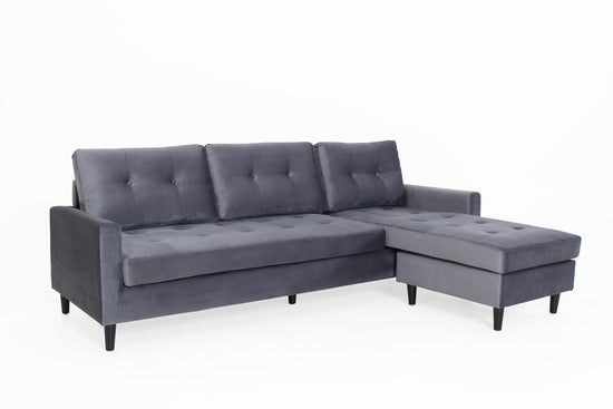 Ecksofa ATLANTA / Samt dunkelgrau / Beine schwarz aus Massivholz / Longchair wahlweise rechts oder links montierbar / 218 x 144, H 78,5 cm