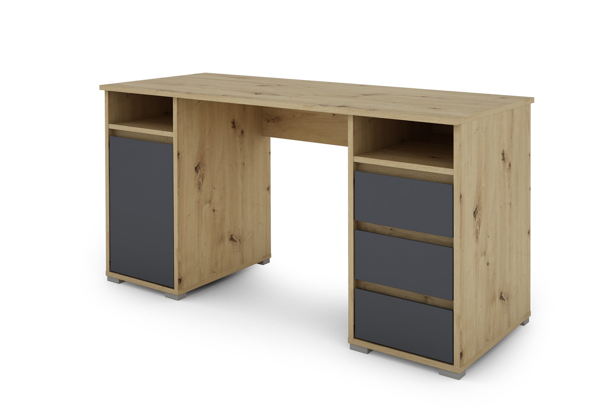 Schreibtisch LOBO / Arbeits-Tisch in weiß, Artisan Eiche (Eiche-Optik) oder Old Wood (Altholz-Optik) / Computer-Tisch mit 3 Schubladen, 1 Tür und 2 offenen Fächern / Große Arbeits-Fläche 138 x 55cm / Bürotisch / 138x75x55 cm (BxHxT)