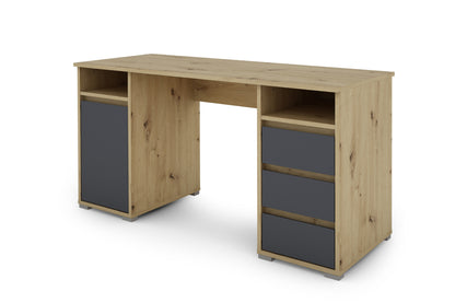 Schreibtisch LOBO / Arbeits-Tisch in weiß, Artisan Eiche (Eiche-Optik) oder Old Wood (Altholz-Optik) / Computer-Tisch mit 3 Schubladen, 1 Tür und 2 offenen Fächern / Große Arbeits-Fläche 138 x 55cm / Bürotisch / 138x75x55 cm (BxHxT)