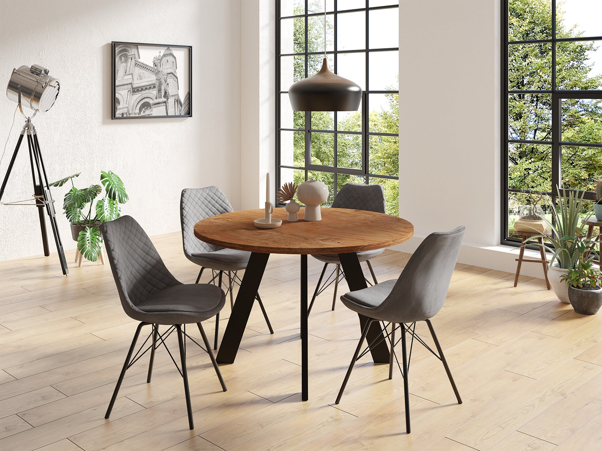 Esstisch TARA / runde Tischplatte Akazie natur / Gestell Metall schwarz / Küchentisch für bis zu 5 Personen / D 100, H 76 cm oder D 120 cm, H 76 cm