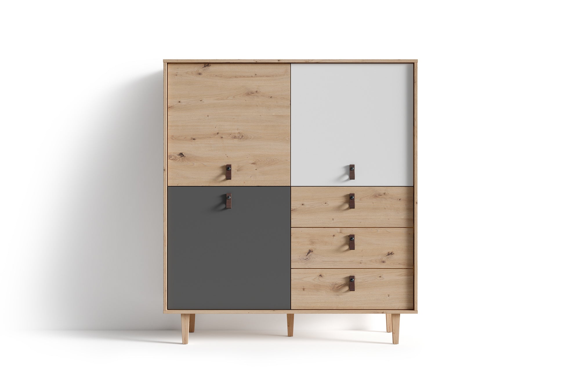 Highboard BILL / Wohnzimmerschrank Artisan Eiche Optik hellbraun / Schrank mit 3 Tür und 3 Schubkästen / Sideboard mit Fronten in weiß und grau / Schlaufen-Griffe / B 120, H 135, T 36,5 cm