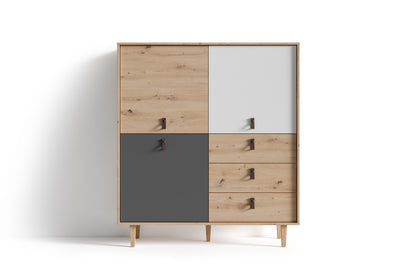 Highboard BILL / Wohnzimmerschrank Artisan Eiche Optik hellbraun / Schrank mit 3 Tür und 3 Schubkästen / Sideboard mit Fronten in weiß und grau / Schlaufen-Griffe / B 120, H 135, T 36,5 cm